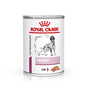 Royal Canin Veterinary Cardiac Hundefutterdose, mit einer Laibtextur, mit einer Silhouette eines Hundes und einem roten Kronenlogo.